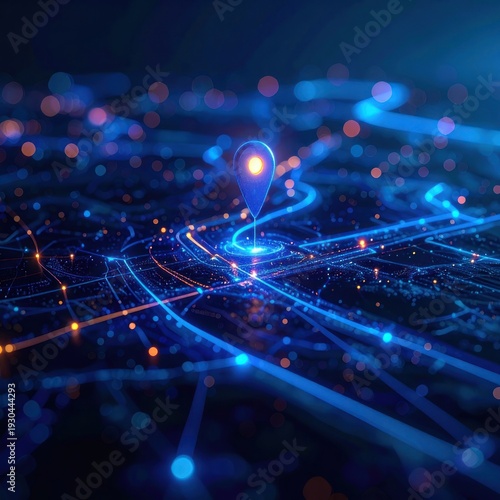 Abstract glowing blue map interface with a central location pin.