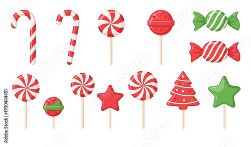 Christmas Candy Canes and Lollipops Flat Vector Set