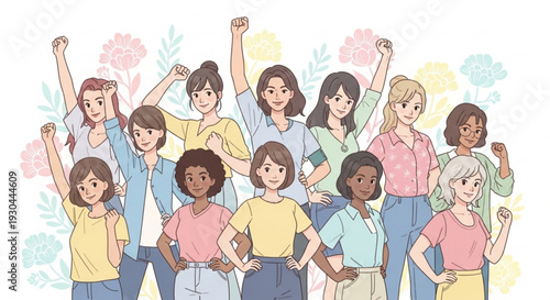 Diverse group of women celebrating together with fists raised
