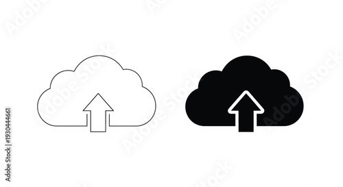 Two distinct cloud computing upload icons one line art style and one solid glyph representing data transfer to remote storage systems