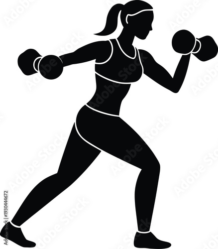 Fitness woman exercising with dumbbells in a dynamic stance