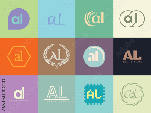 AL logo company template. Letter a and l logotype. Set different classic serif lettering and modern bold text with design elements. Initial font typography.