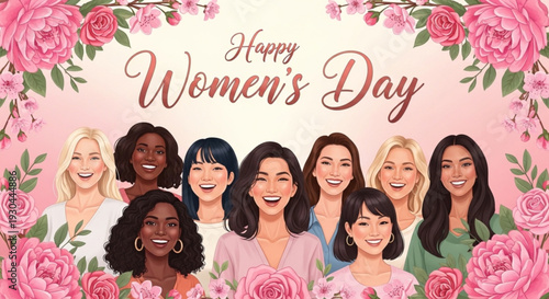 Diverse women celebrating Women's Day with flowers and smiles