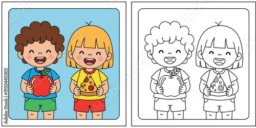 Cute cartoon boy holding red apple and girl holding pizza slice, happy children choosing healthy fruit and fast food