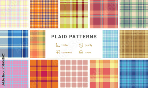 Plaid pattern set for modern childrens outfits. Perfect for casual, party, or schoolwear. Seamless vectors print clean.