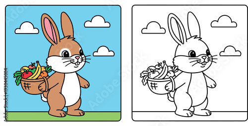 Cute cartoon rabbit holding a basket full of fresh fruits and vegetables, happy brown bunny