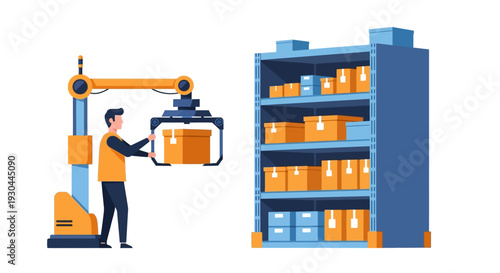 Warehouse worker operating robotic arm to move boxes.