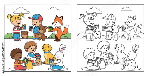 Cute cartoon children and animals exchanging gifts, happy kids giving presents
