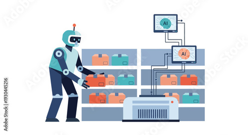 Robot working in a warehouse with automated storage system.