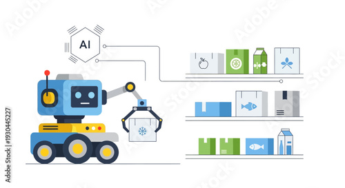 Robot arm assembling digital icons with AI assistance.