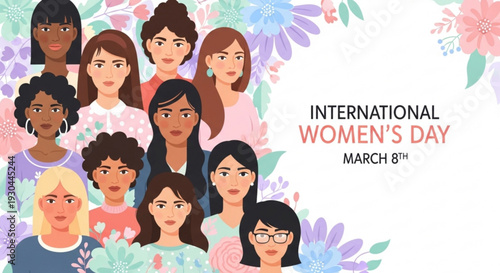 Diverse women celebrating International Women's Day with flowers