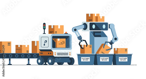 Industrial robots working together on a production line with cardboard boxes.