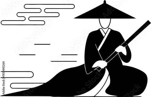 Ancient Japanese Samurai Warrior with Katana Sword Illustration