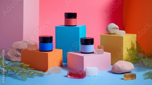 Colorful geometric cosmetic containers on vibrant abstract background modern branding concept