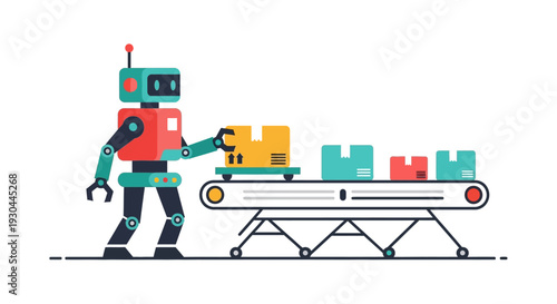 Robot working on a conveyor belt with boxes.