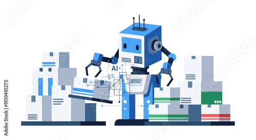 Robot working on a computer with AI technology in a futuristic cityscape.