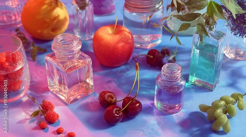 Colorful fruits and glass perfume bottles on vibrant pastel background playful composition