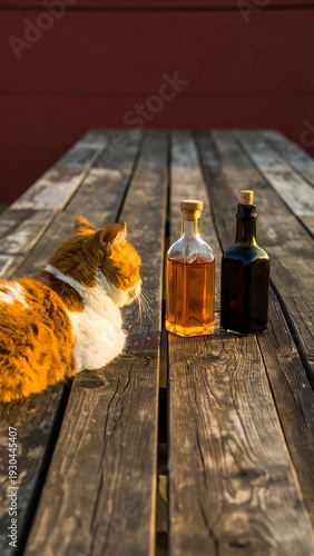 Orange tabby cat rests on weathered wooden picnic table; amber & dark bottles in front