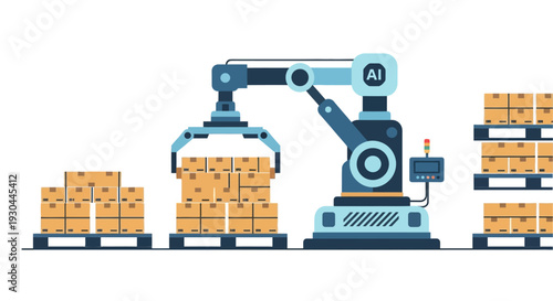 Industrial robotic arm lifting cardboard boxes in a warehouse.