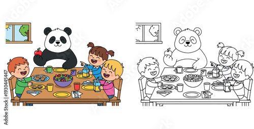 Cute cartoon panda eating breakfast with happy children at dining table, funny animal character