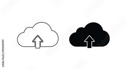 Comparing cloud upload icon outline versus solid silhouette style for data transfer concepts in digital interface design