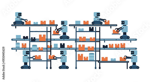 Robotic arms working on a futuristic assembly line with multiple shelves.