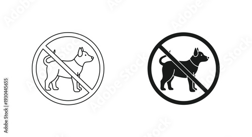 Two versions of a no dogs allowed sign icon, one as a thin outline and the other as a solid black silhouette, indicating prohibition for pets in specific areas or establishments.