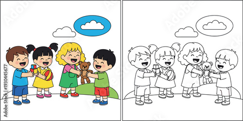 Happy cartoon children sharing toys with friends, boys and girls exchanging teddy bear and blocks