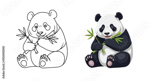 Adorable cartoon panda bear sitting and happily eating bamboo shoots providing both a detailed line art version and a full color illustration for creative projects.