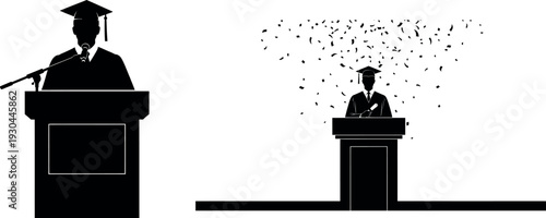 Graduate speakers at podiums with one fading away