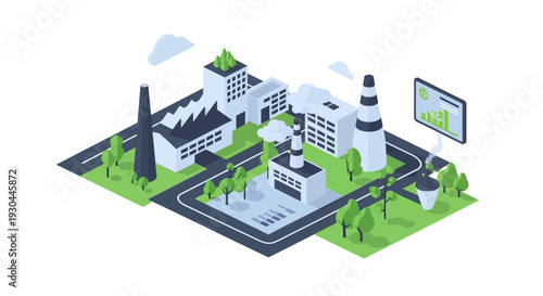Isometric illustration of an industrial complex with various buildings and greenery.