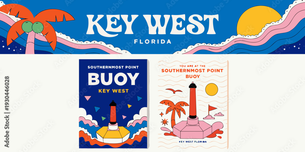 Fototapeta premium Key West Florida Southernmost Point Buoy – Colorful Tropical Poster‑Style Flat Vector Illustration of an Iconic Coastal Landmark