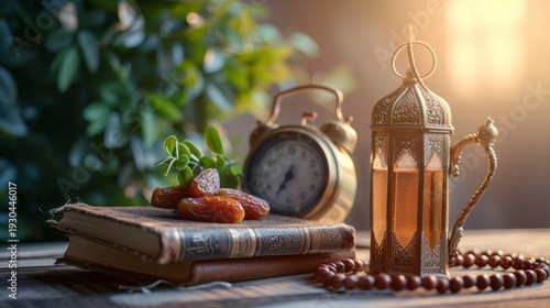 Islamic still life with prayer beads and religious books.