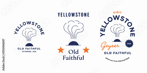 Yellowstone Old Faithful Geyser – Retro Badge‑Style Flat Vector Logos Celebrating Wyoming’s Iconic National Park
