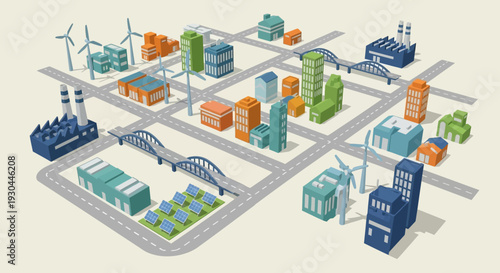 Sustainable City Infrastructure with Renewable Energy and Industrial Facilities.