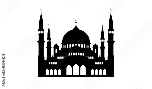 Flat black mosque silhouette vector with dome and minarets for religious and cultural design isolated on white