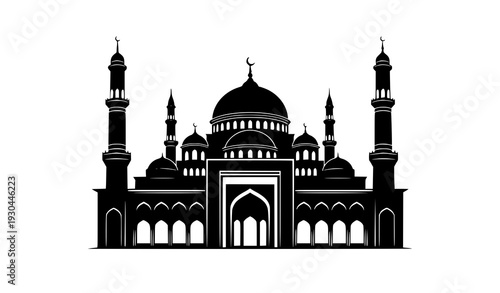 Black silhouette vector of mosque building with dome and minarets isolated on white background