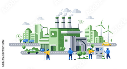 Sustainable Industrial Facility with Renewable Energy and AI Technology.