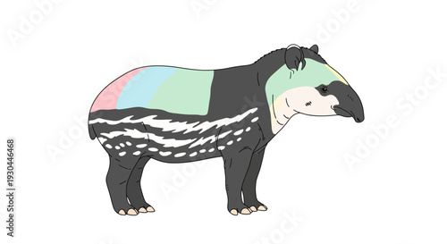 Colorful Tapir Illustration Side View Animal.