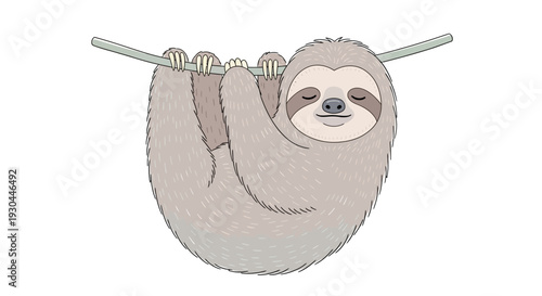 Sloth Hanging on Branch Cartoon Illustration.