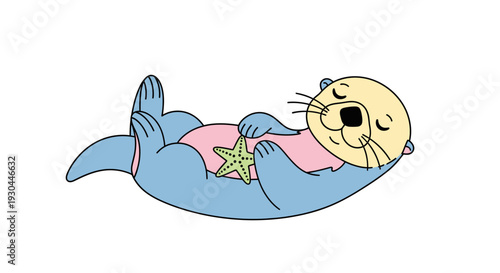 Cartoon Seal Relaxing on Back with Starfish.