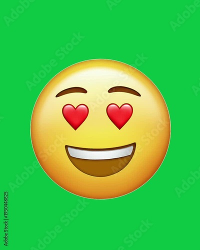 Animated love emoji with red heart eyes on green screen background. Romantic emoticon motion graphic for chroma key editing, overlays, reaction videos, and creative projects.