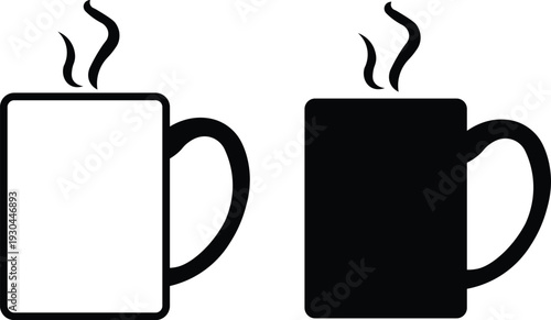 Two simple graphic icons of steaming mugs, one white and one black, representing hot beverages.