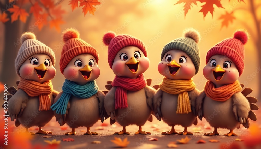 Obraz premium Five cartoon turkeys dressed in warm hats, scarves stand together in autumn forest setting. These cute birds have happy expressions, are surrounded by fallen leaves, suggesting cheerful fall theme.