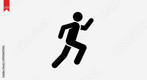 Black silhouette of a person running quickly to the right with one arm raised on a light gray background