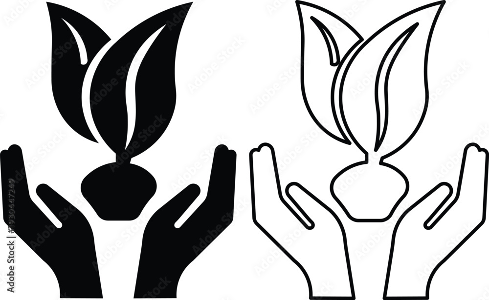 Obraz premium Two hands gently holding a small plant or sprout, symbolizing care, growth, and environmental protection, in both solid and outline styles.