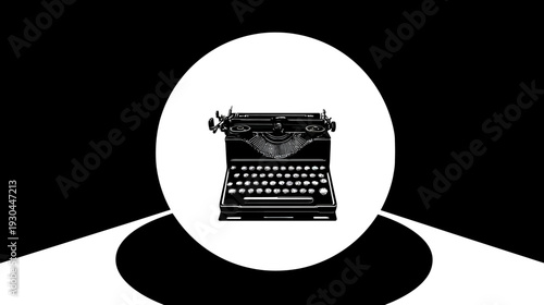 A vintage typewriter, rendered in black and white, sits within a white oval against a black background