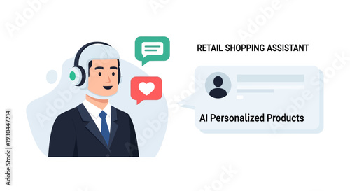 Cartoon customer service representative with headset and AI personalized products.