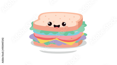 A cartoon sandwich with a smiling face on a plate.