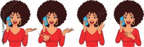 Black Woman Talking on Smartphone with Different Hand Gestures Isolated on White Background, Cartoon Communication Illustration Set